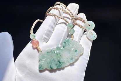 Genuine Grade A Jadeite Jade Necklace, Natural Carved Jade Flower and Butterfly, Handmade Jade Necklace, 天然缅甸A货翡翠锁骨吊坠老坑冰润飘蓝花蝶恋花仿古玉璜