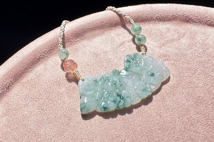 Genuine Grade A Jadeite Jade Necklace, Natural Carved Jade Flower and Butterfly, Handmade Jade Necklace, 天然缅甸A货翡翠锁骨吊坠老坑冰润飘蓝花蝶恋花仿古玉璜