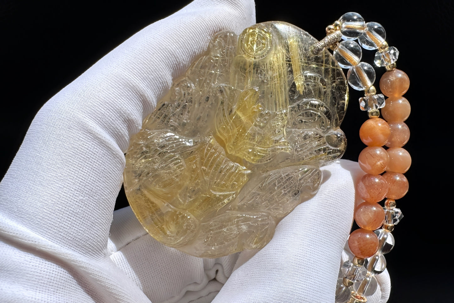Natural Golden Rutile Quartz Hand Carved Nine Tailed Fox Pendant, Gold Rutilated Quartz Fox Pendant Necklace, 天然茶体金发晶手工精雕九尾狐吊坠