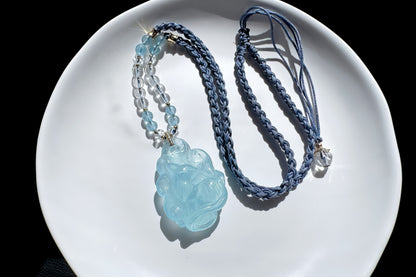 Natural High Grade Icy Aquamarine Nine Tailed Fox Pendant, Hand Carved Aquamarine, March Birthstone Fox Pendant, 天然精品海蓝宝手工精雕九尾狐吊坠