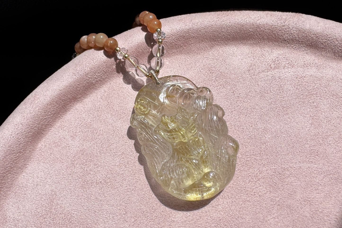 Natural Golden Rutile Quartz Hand Carved Nine Tailed Fox Pendant, Gold Rutilated Quartz Fox Pendant Necklace, 天然茶体金发晶手工精雕九尾狐吊坠