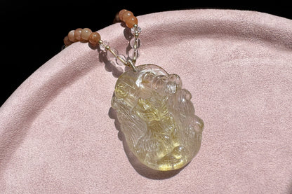 Natural Golden Rutile Quartz Hand Carved Nine Tailed Fox Pendant, Gold Rutilated Quartz Fox Pendant Necklace, 天然茶体金发晶手工精雕九尾狐吊坠