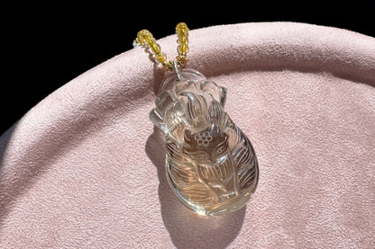 Natural Smokey Citrine Hand Carved Nine Tailed Fox and Money Bag Pendant, Smokey Citrine Necklace, 天然茶黄晶手工精雕九尾狐钱袋子吊坠