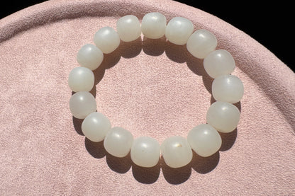 13mm Natural White Hetian Nephrite Bracelet, White Nephrite Jade Beads, Matte Nephrite Bracelet, 天然和田玉青海料一级白老型珠手串