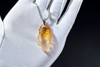 Certified Gem Grade Brazilian Citrine Hand Carved Fish Pendant, Citrine Fish Necklace, 天然极品巴西黄手工精雕小鱼吊坠