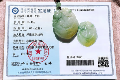 Certified Grade A Jadeite Jade Hand Carved Ruyi Pendant, Natural Carved Jade Pendant Necklace, 天然缅甸A货老坑冰润飘花黄绿双彩如意翡翠吊坠