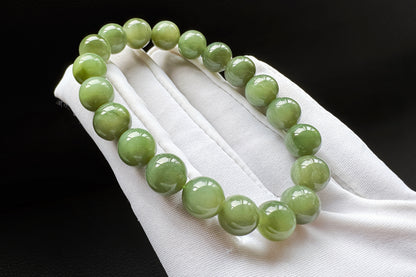 9mm Natural Dark Green Nephrite Beaded Bracelet, Untreated Chatoyancy Nephrite Jade Beads, 天然和田玉碧玉圆珠手串