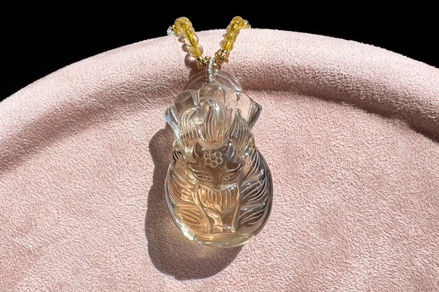 Natural Smokey Citrine Hand Carved Nine Tailed Fox and Money Bag Pendant, Smokey Citrine Necklace, 天然茶黄晶手工精雕九尾狐钱袋子吊坠