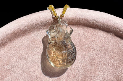 Natural Smokey Citrine Hand Carved Nine Tailed Fox and Money Bag Pendant, Smokey Citrine Necklace, 天然茶黄晶手工精雕九尾狐钱袋子吊坠