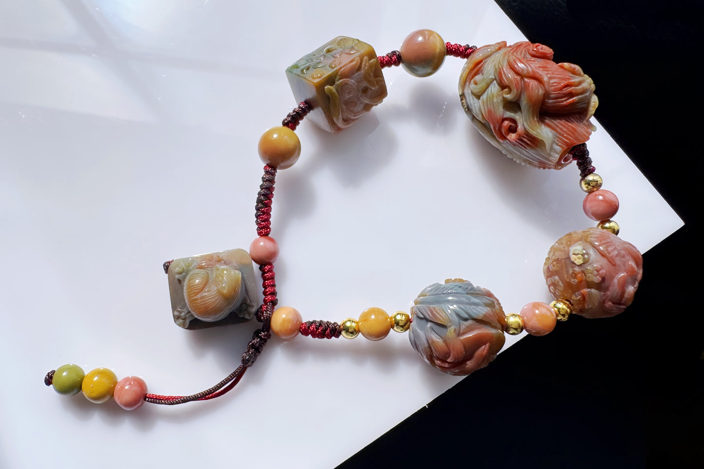 Natural Multi-color Old Mine Alashan Agate Hand Carved Charms Braided Bracelet, Alasha Bracelet, Carved Agate, 天然原矿老料阿拉善手工精雕狐狸手编手链