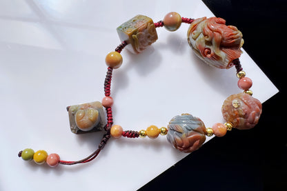 Natural Multi-color Old Mine Alashan Agate Hand Carved Charms Braided Bracelet, Alasha Bracelet, Carved Agate, 天然原矿老料阿拉善手工精雕狐狸手编手链