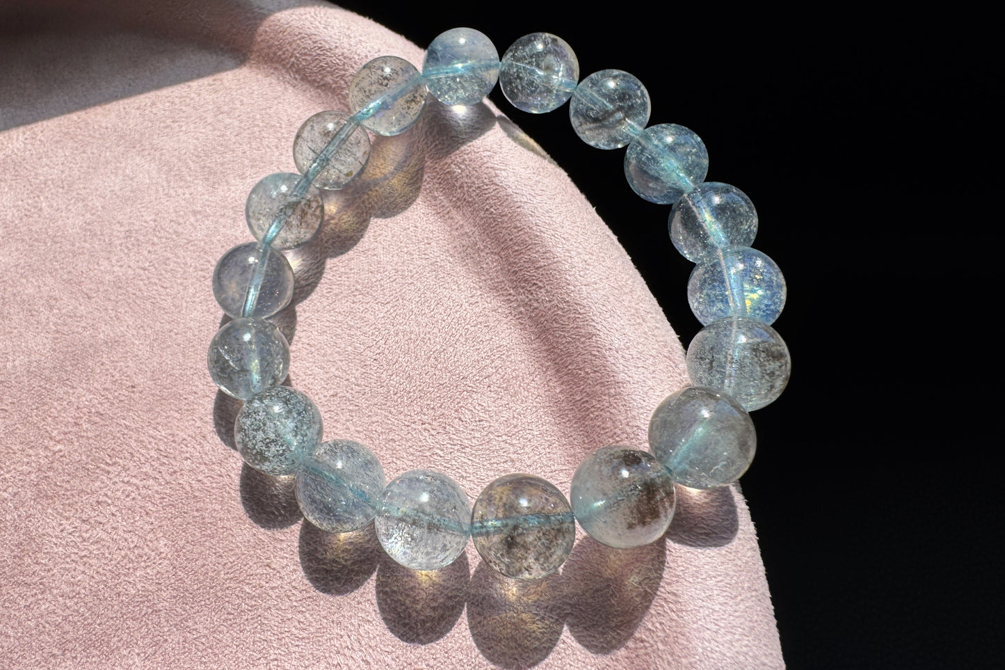 11mm Natural Aquamarine with Black Mica Inclusions Beaded Bracelet, Shiny Aquamarine Bracelet, March Birthstone, 海蓝宝带黑云母共生手串