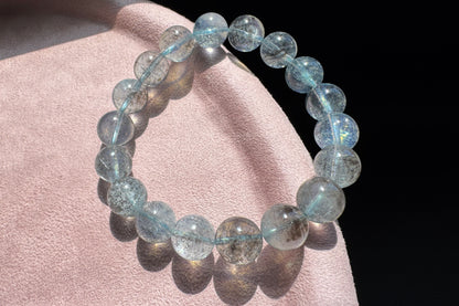11mm Natural Aquamarine with Black Mica Inclusions Beaded Bracelet, Shiny Aquamarine Bracelet, March Birthstone, 海蓝宝带黑云母共生手串