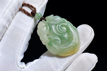 Certified Grade A Jadeite Jade Hand Carved Ruyi Pendant, Natural Carved Jade Pendant Necklace, 天然缅甸A货老坑冰润飘花黄绿双彩如意翡翠吊坠