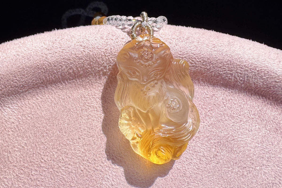 Natural Brazilian Citrine Hand Carved Nine Tailed Fox Pendant, Hand-Carved Golden Citrine Glow • Intricate Hand-Carved Artistry Necklace