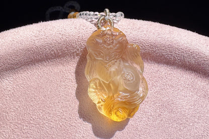 Natural Brazilian Citrine Hand Carved Nine Tailed Fox Pendant, Hand-Carved Golden Citrine Glow • Intricate Hand-Carved Artistry Necklace