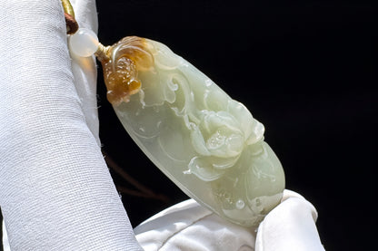 Certified Natural Hetian Sugar Brown Nephrite Hand Carved Koi Fish and Lotus Glower Pendant, 天然糖青白玉手工雕刻鱼戏荷莲吊坠天地糖