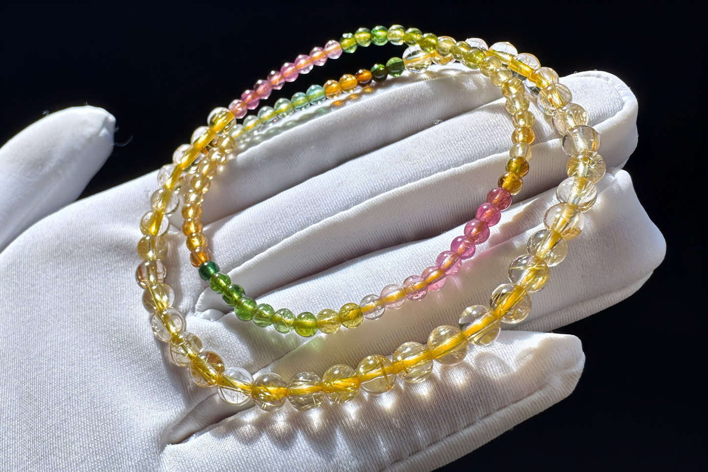 Natural Golden Rutile Quartz Beaded Bracelet with Rainbow Tourmaline, Tourmaline and Gold Rutilated Quartz Bracelet, 天然金发晶配天然碧玺双圈手串