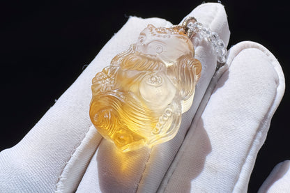 Natural Brazilian Citrine Hand Carved Nine Tailed Fox Pendant, Hand-Carved Golden Citrine Glow • Intricate Hand-Carved Artistry Necklace