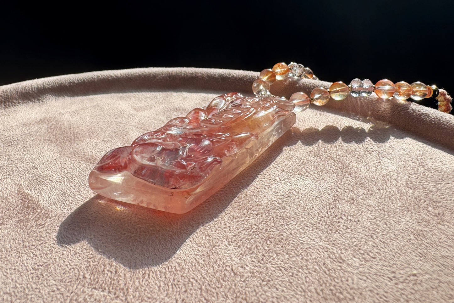 Natural Pink Hematoid Quartz Hand Carved Nine Tailed Fox Pendant, Rare Pink Hematoid Pendant, 天然粉胶花手工精雕九尾狐梅花树吊坠