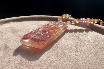 Natural Pink Hematoid Quartz Hand Carved Nine Tailed Fox Pendant, Rare Pink Hematoid Pendant, 天然粉胶花手工精雕九尾狐梅花树吊坠