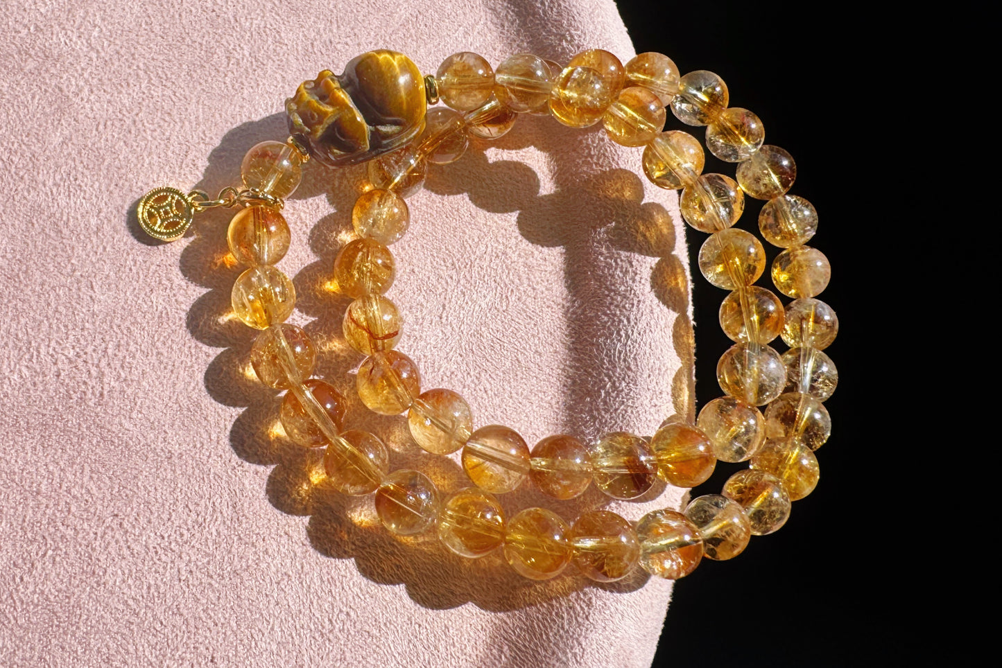 Natural Citrine Bracelet with Tiger’s Eye PiXiu Charm, Untreated Citrine Beads, 天然黄水晶双圈手串配虎眼貔貅