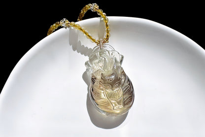 Natural Smokey Citrine Hand Carved Nine Tailed Fox and Money Bag Pendant, Smokey Citrine Necklace, 天然茶黄晶手工精雕九尾狐钱袋子吊坠