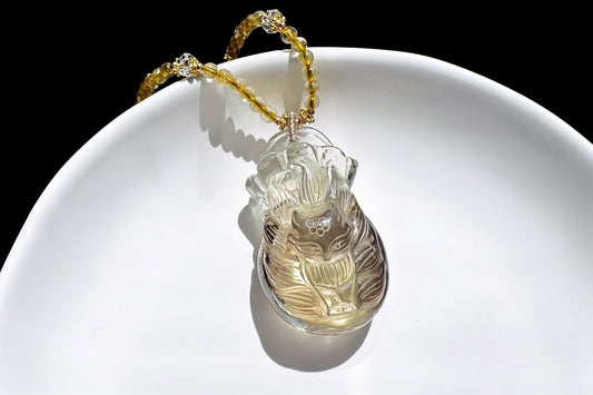 Natural Smokey Citrine Hand Carved Nine Tailed Fox and Money Bag Pendant, Smokey Citrine Necklace, 天然茶黄晶手工精雕九尾狐钱袋子吊坠