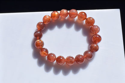 11mm Natural Sunstone Bracelet, Dark Orange Color Sunstone Beads, Shimmering Sunstone, 天然无优化美国俄勒冈州老矿焦糖色金太阳石水晶手串