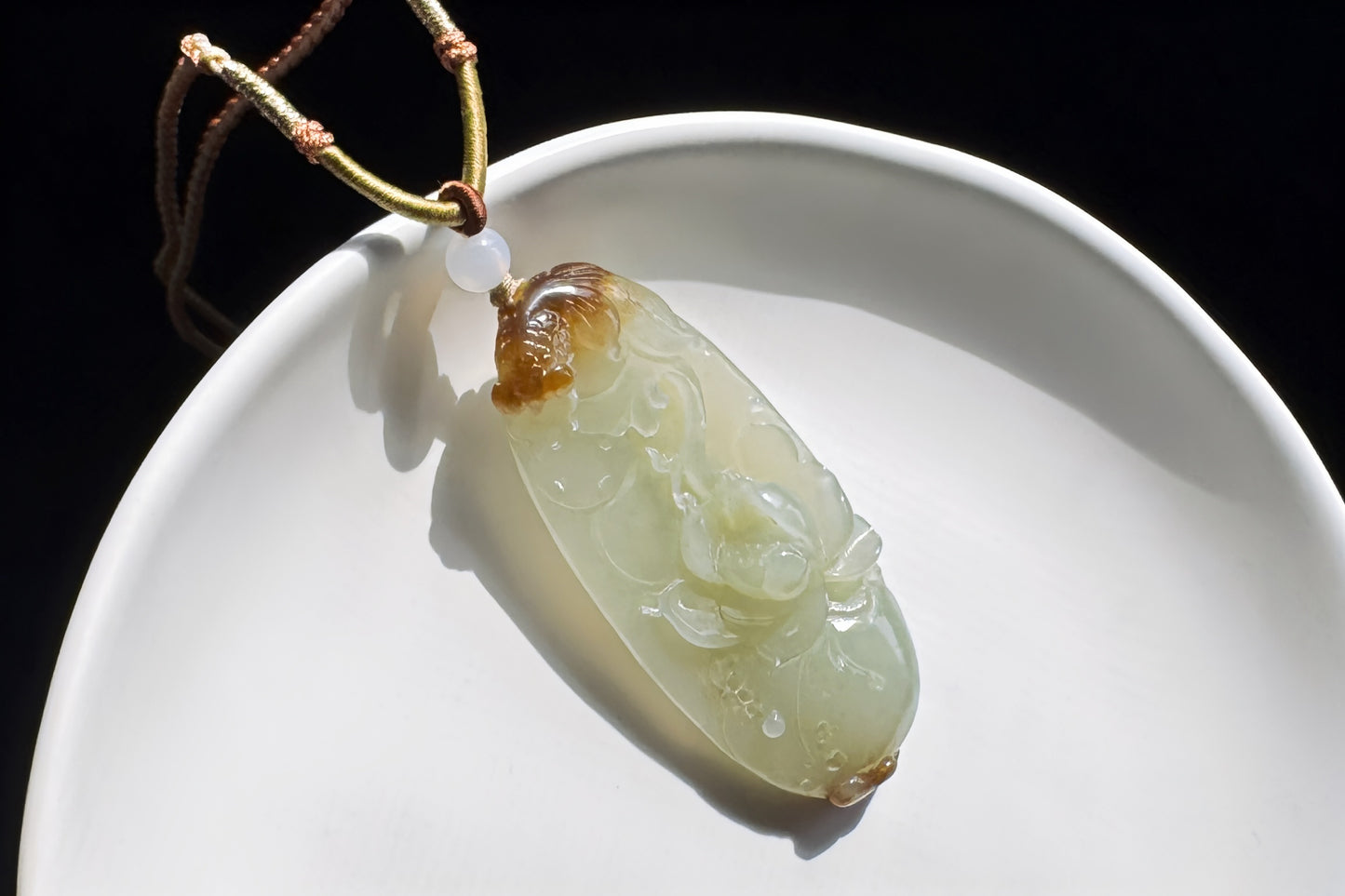 Certified Natural Hetian Sugar Brown Nephrite Hand Carved Koi Fish and Lotus Glower Pendant, 天然糖青白玉手工雕刻鱼戏荷莲吊坠天地糖