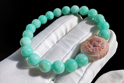 Natural Un-treated Amazonite Beaded Bracelet with Pink and yellow Alashan Sailor Moon, Amazonite Bracelet, 天然天河石手串搭配奶黄粉阿拉善水手月亮
