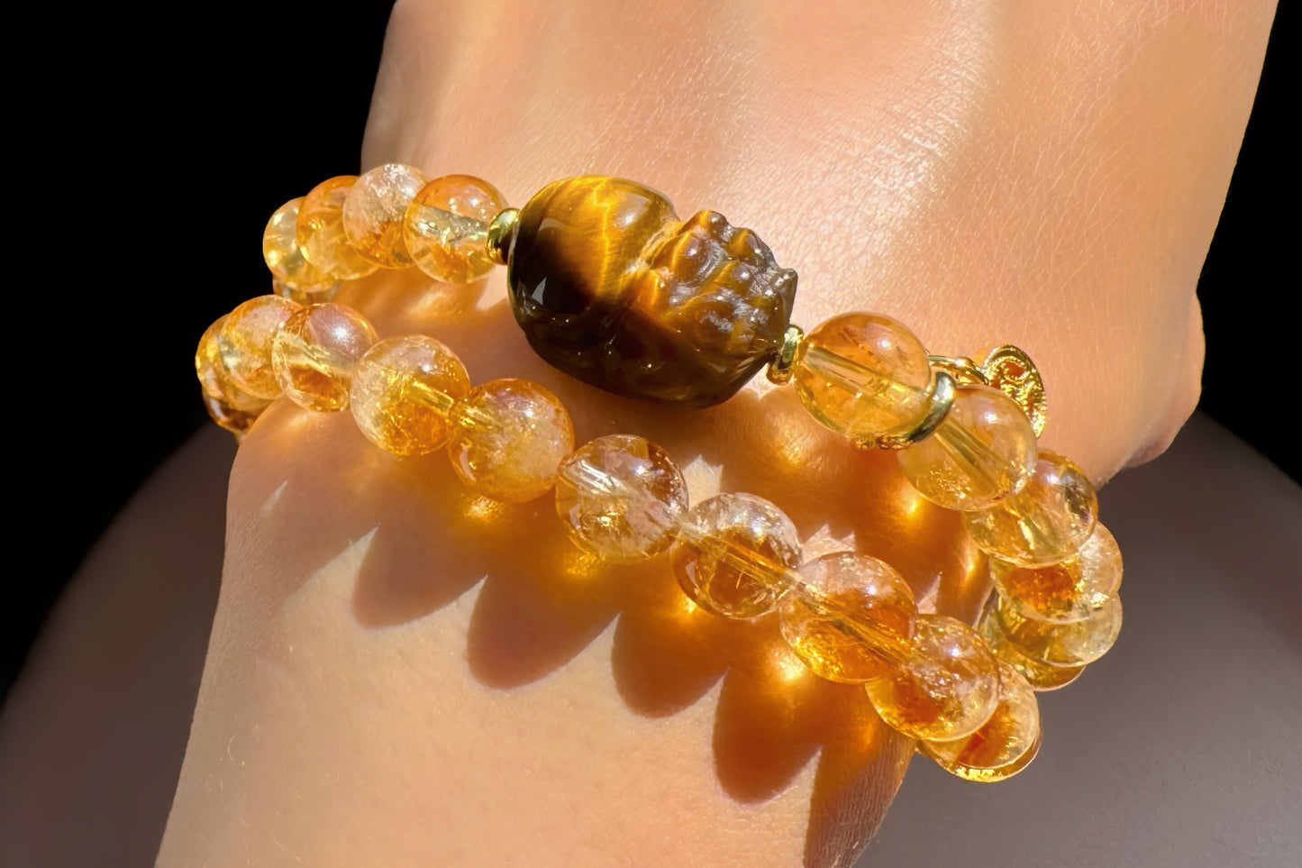 Natural Citrine Bracelet with Tiger’s Eye PiXiu Charm, Untreated Citrine Beads, 天然黄水晶双圈手串配虎眼貔貅