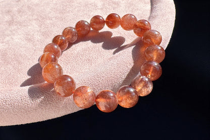 11mm Natural Sunstone Bracelet, Dark Orange Color Sunstone Beads, Shimmering Sunstone, 天然无优化美国俄勒冈州老矿焦糖色金太阳石水晶手串