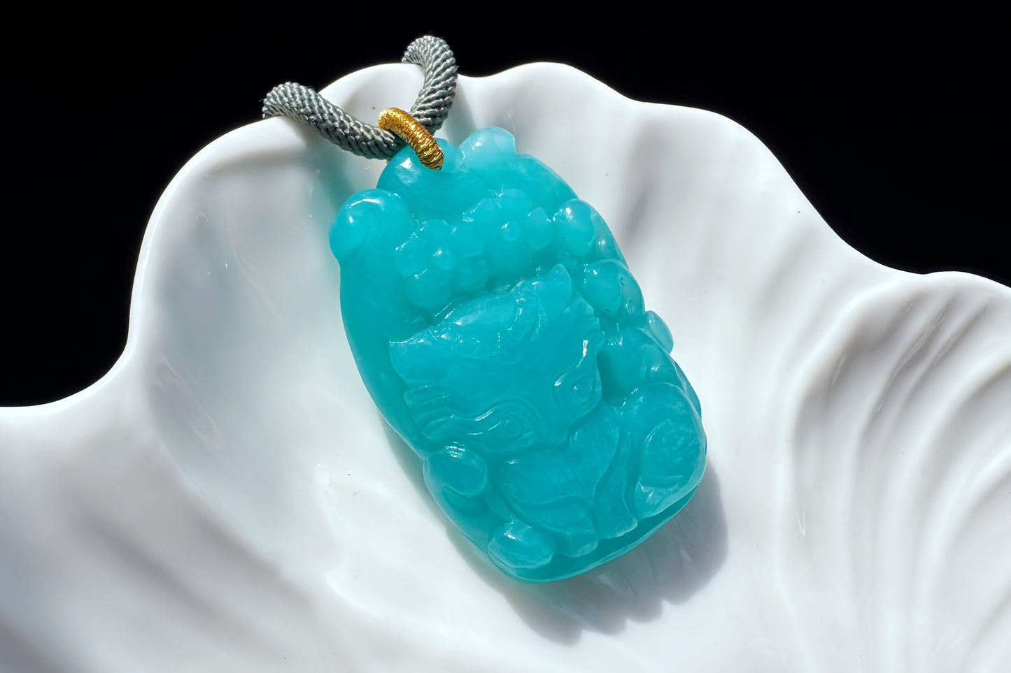 Natural Top Grade Amazonite Hand Carved Nine Tailed Fox and Peony Pendant, 天然精品天河石手工精雕九尾梅花吊坠