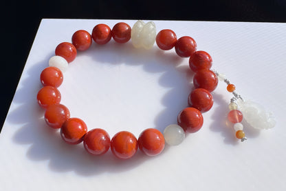 Natural High Grade Nanhong Agate Beaded Bracelet, Bracelet made with Nanhong, Nephrite, jadeite jade, 天然南红玛瑙瓦西锦红圆珠手串搭配和田玉并蒂莲A货翡翠如意