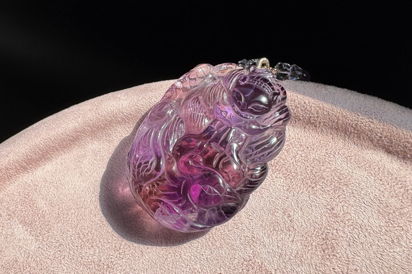 Large Naturual Amethyst Pendant Hand Carved Nine Tailed Fox and Phoenix, Brazilian Amethyst Fox and Phoenix Necklace, 天然巴西紫水晶手工雕刻九尾凤凰吊坠