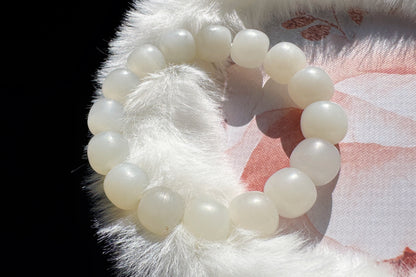 13mm Natural White Hetian Nephrite Bracelet, White Nephrite Jade Beads, Matte Nephrite Bracelet, 天然和田玉青海料一级白老型珠手串