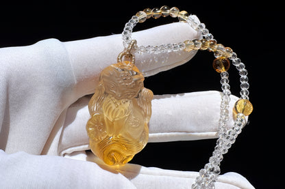 Natural Brazilian Citrine Hand Carved Nine Tailed Fox Pendant, Hand-Carved Golden Citrine Glow • Intricate Hand-Carved Artistry Necklace