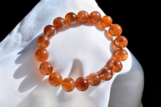 11mm Natural Sunstone Bracelet, Dark Orange Color Sunstone Beads, Shimmering Sunstone, 天然无优化美国俄勒冈州老矿焦糖色金太阳石水晶手串