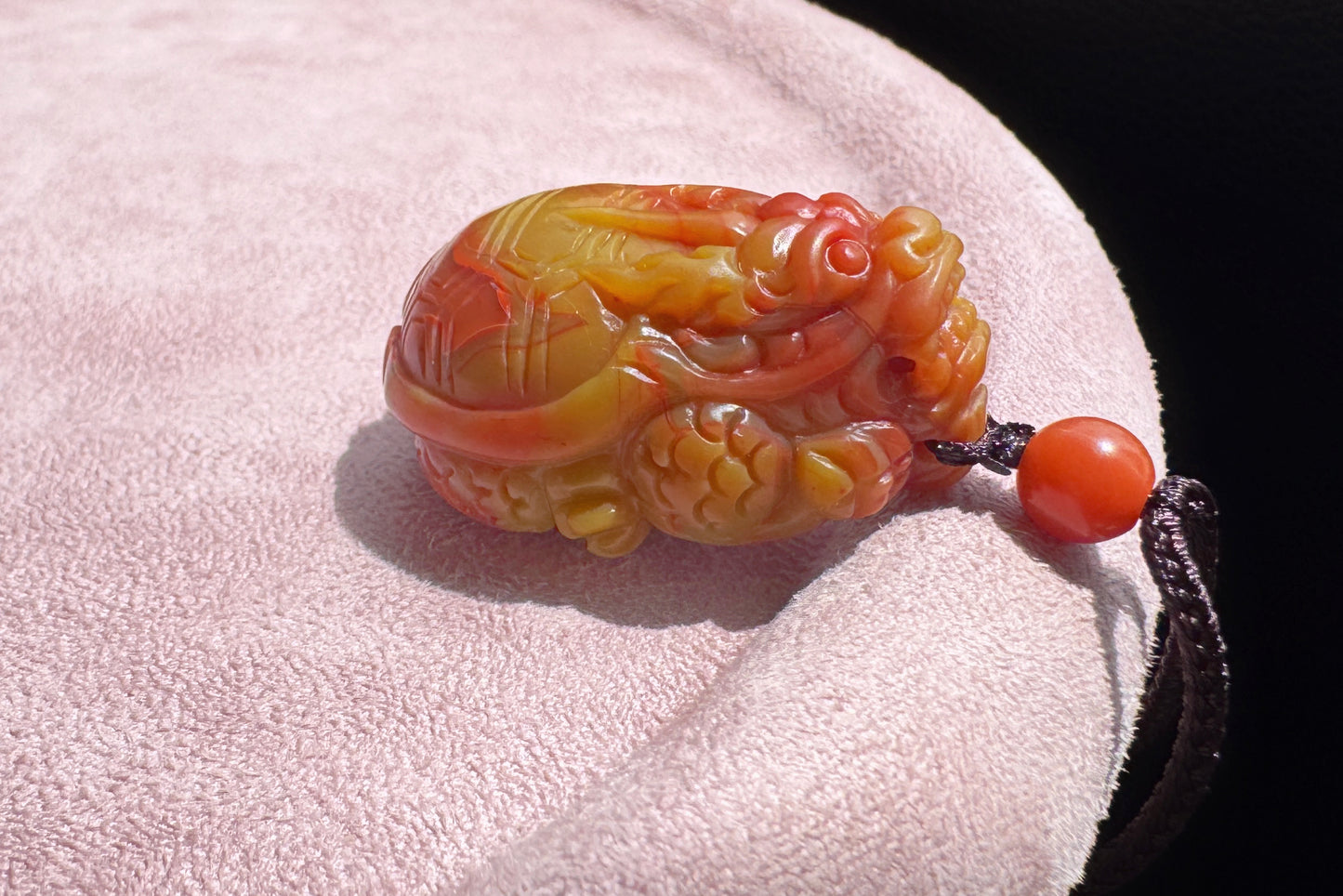 Certified High Grade Natural Nanhong Hand Carved Dragon Turtle Pendant, Yellow Nanhong Dragon Turtle Pendant, 天然黄皮包浆南红手工精雕龙龟吊坠