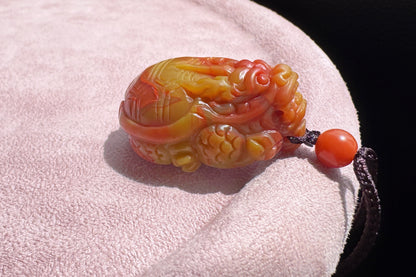 Certified High Grade Natural Nanhong Hand Carved Dragon Turtle Pendant, Yellow Nanhong Dragon Turtle Pendant, 天然黄皮包浆南红手工精雕龙龟吊坠