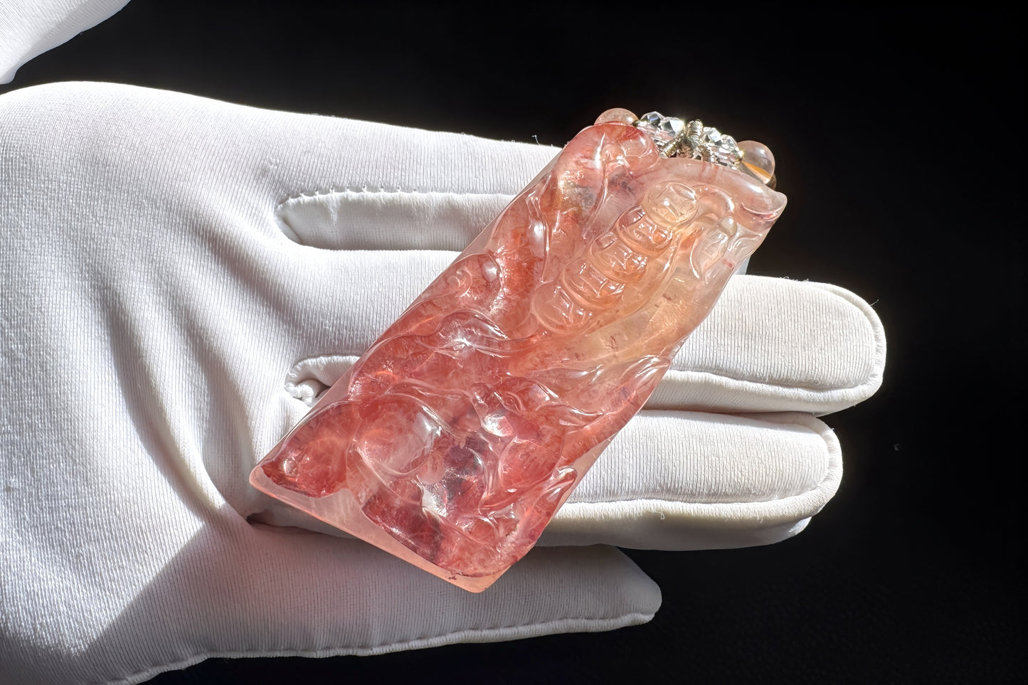 Natural Pink Hematoid Quartz Hand Carved Nine Tailed Fox Pendant, Rare Pink Hematoid Pendant, 天然粉胶花手工精雕九尾狐梅花树吊坠