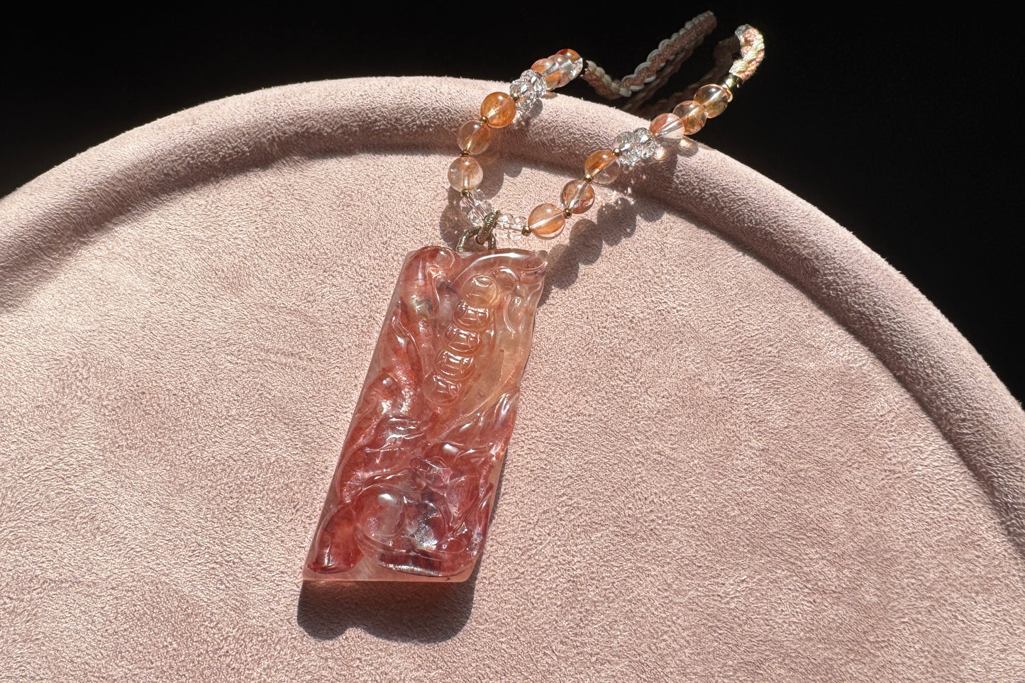 Natural Pink Hematoid Quartz Hand Carved Nine Tailed Fox Pendant, Rare Pink Hematoid Pendant, 天然粉胶花手工精雕九尾狐梅花树吊坠