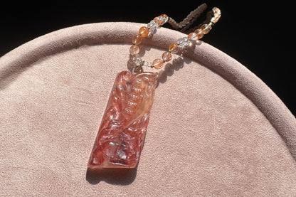 Natural Pink Hematoid Quartz Hand Carved Nine Tailed Fox Pendant, Rare Pink Hematoid Pendant, 天然粉胶花手工精雕九尾狐梅花树吊坠