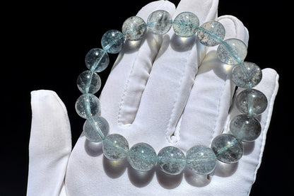 11mm Natural Aquamarine with Black Mica Inclusions Beaded Bracelet, Shiny Aquamarine Bracelet, March Birthstone, 海蓝宝带黑云母共生手串