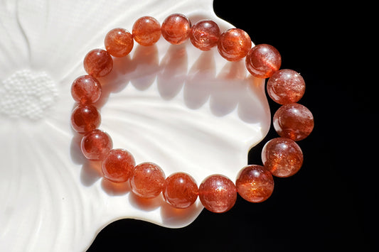 11mm Natural Sunstone Bracelet, Dark Orange Color Sunstone Beads, Shimmering Sunstone, 天然无优化美国俄勒冈州老矿焦糖色金太阳石水晶手串