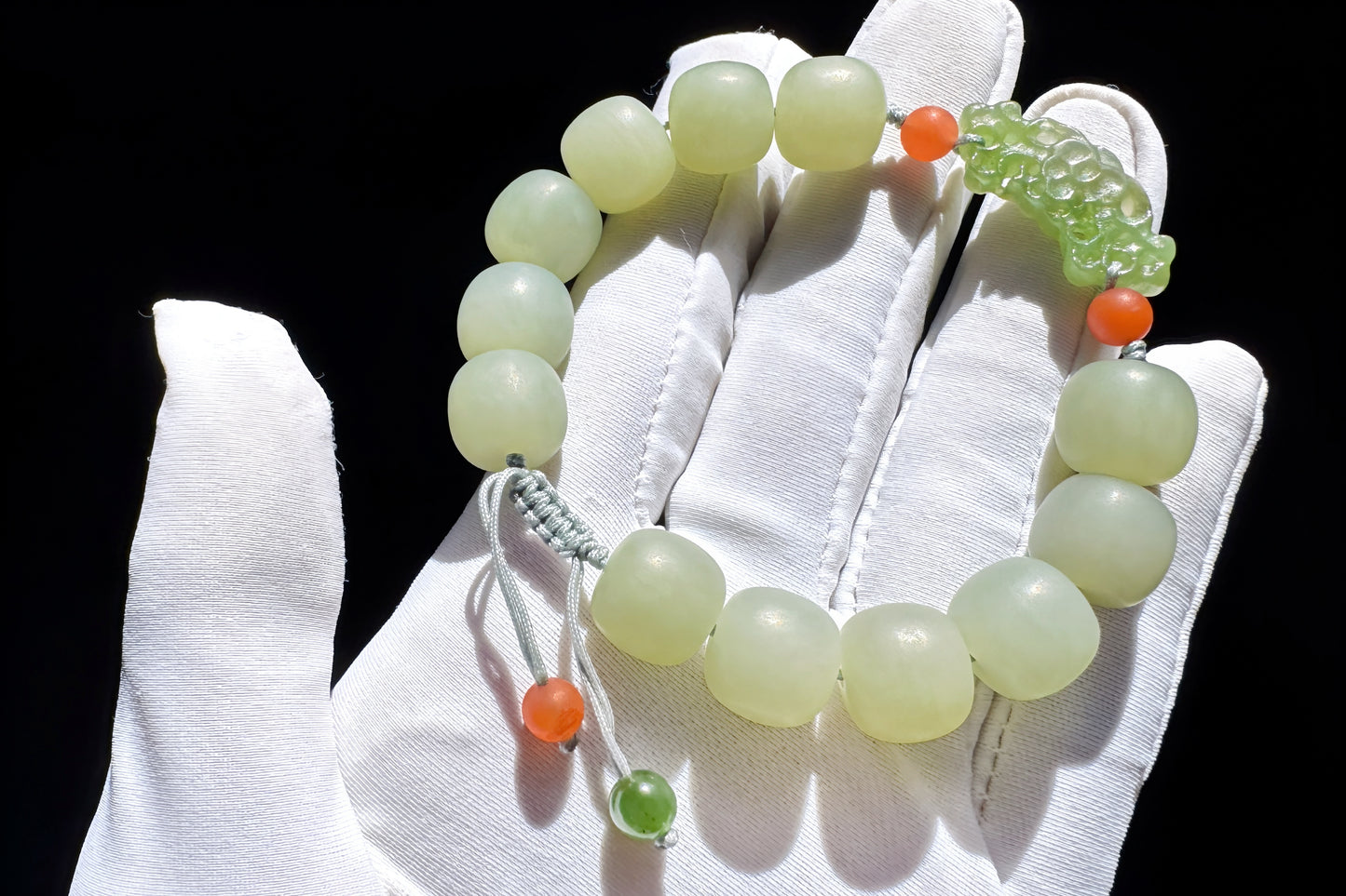 Natural Milky Blue Hetian Nephrite Beaded Bracelet with Green Nephrite Hand Carved Charm, Nephrite Jade Bracelet, 天然奶蓝色和田玉手串搭配碧玉手工雕刻回纹扣