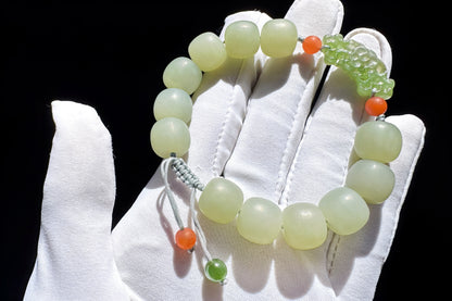 Natural Milky Blue Hetian Nephrite Beaded Bracelet with Green Nephrite Hand Carved Charm, Nephrite Jade Bracelet, 天然奶蓝色和田玉手串搭配碧玉手工雕刻回纹扣