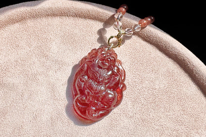Top Grade Pigeon Blood Strawberry Quartz Hand Carved Nine Tailed Fox Pendant, Carved Strawberry Quartz Crystal, 天然极品鸽血红草莓晶手工雕刻九尾狐吊坠