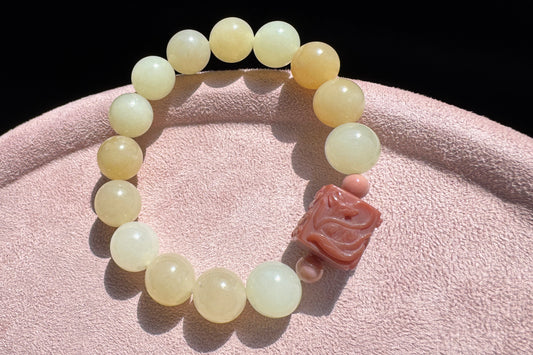 11mm Natural Hetian Nephrite Bracelet with Top Grade Alashan Hand Carved Nine Tailed Fox Cube, Nephrite Jade Bracelet, 天然蜂蜜水糖玉手串搭配玉化阿拉善手工精雕九尾狐方糖